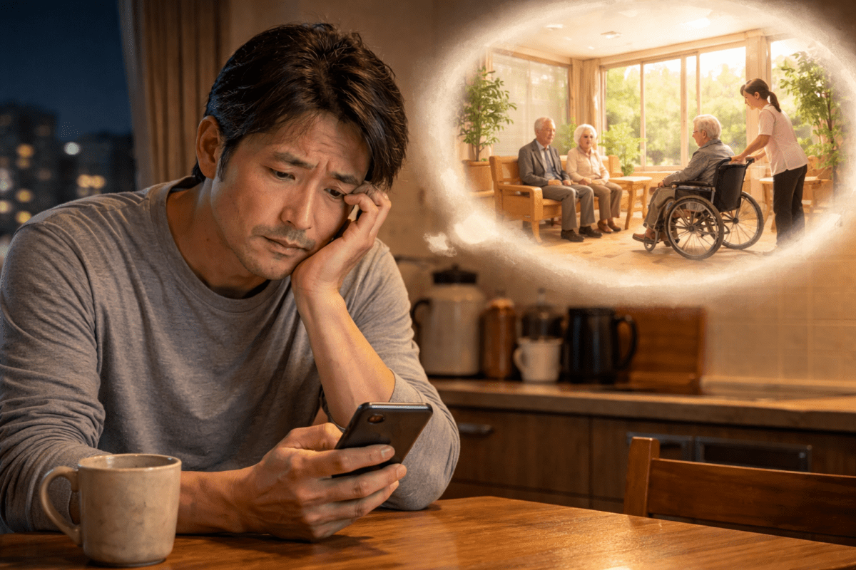 遠距離介護に悩む男性。施設探しをあんしんホームと一緒に実施。